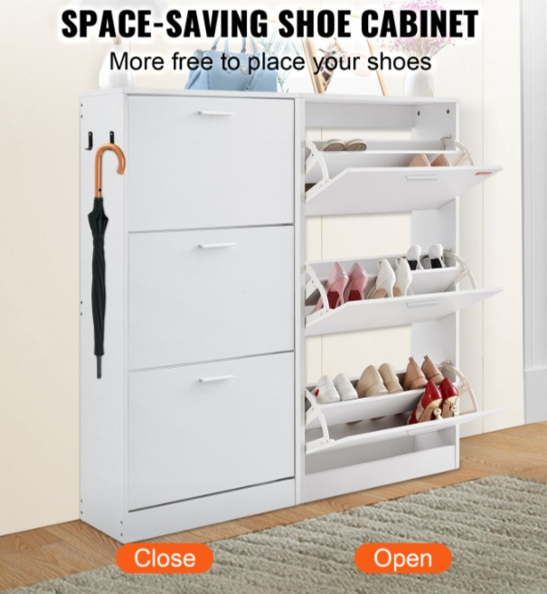 Shoe rack - Shoe cabinet - 3 folding drawers - 60 x 23.7 x 120 cm - P2 chipboard - white