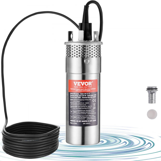 Vevor - Water Pump - Solar Water Pump - Deep Water Pump - Submersible - 12V DC - 120W - 3.2GPM - for Water Well - Farm Ranch Irrigation - Silver