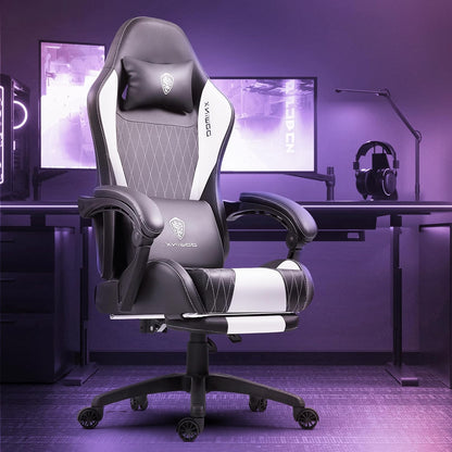 Gamingstoel – Bureaustoel – Computestoel – Stoel Voor Gamers – Game Chair – Ergonomisch Ontwerp – Massagefunctie & Voetensteun – Wit Leer – Max 136 kg - QUORE